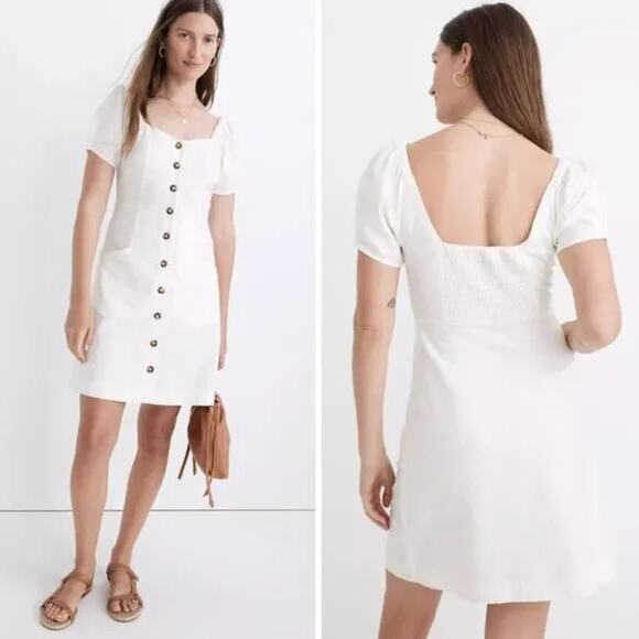 NEW Madewell Linen-Cotton Puff-Sleeve Mini Dress, lighthouse, size 2‎ - Picture 1 of 16
